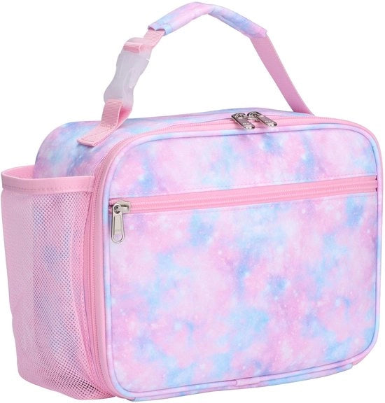 Borsa isolata per bambini - Grande valigetta per bambini con contenitore per bottiglie, lattina impermeabile, valigetta impermeabile per pic nic, scuola, disegno a batik rosa