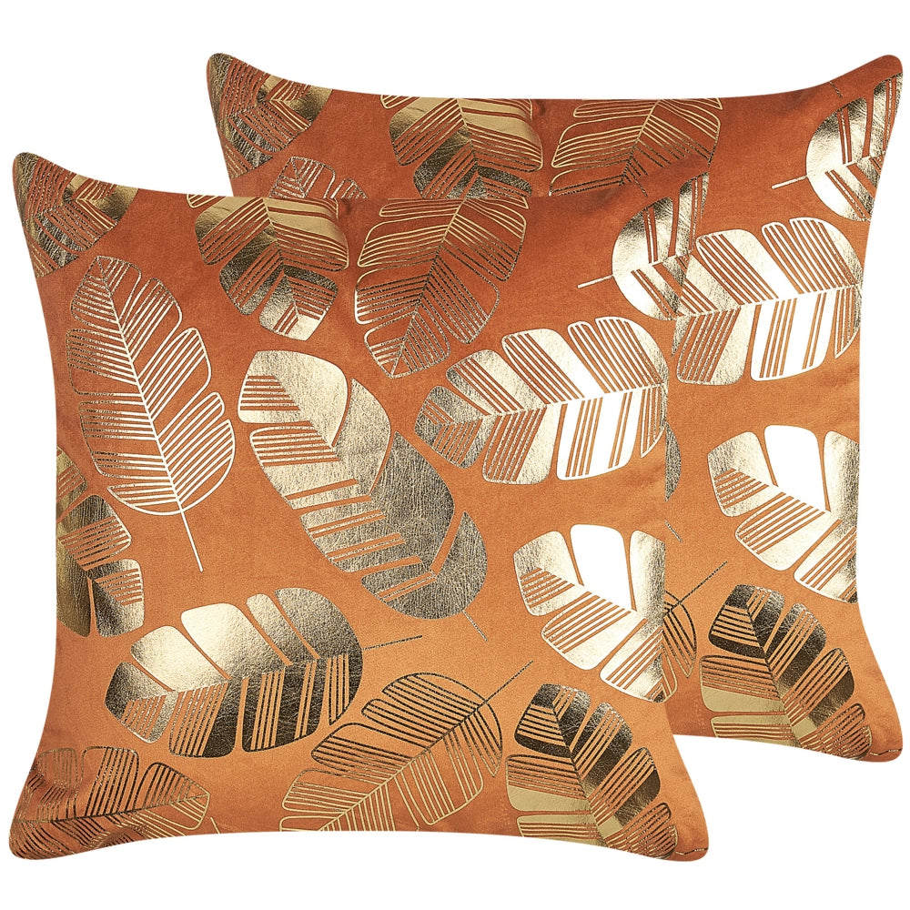 Set di 2 cuscini decorativi velluto arancione 45 x 45 cm Foglia d'oro stampa Accessori arredo glamour
