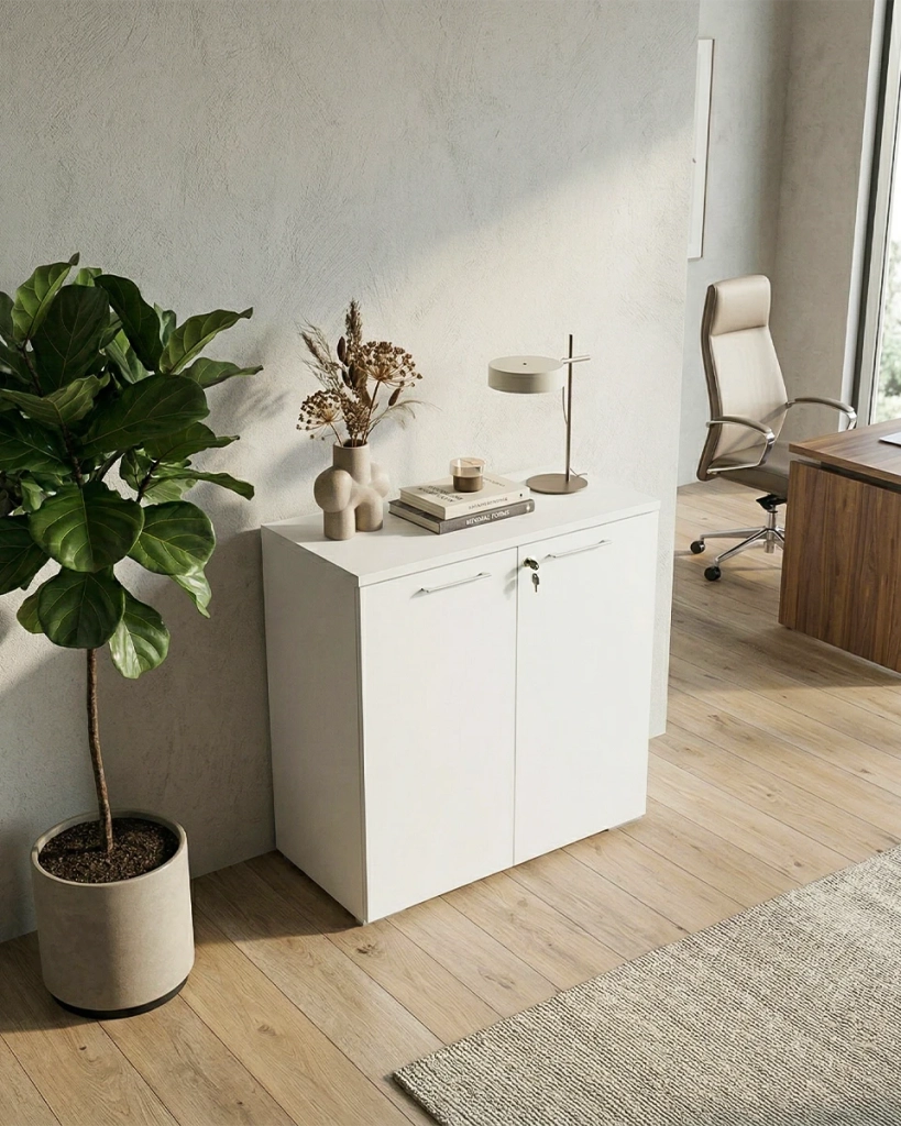 Armadio ufficio Texas - Mobile archivio basso 2 ante con serratura - 1 mensola incluse - L. 90 x H. 83 x P. 42,5 cm – Bianco_
