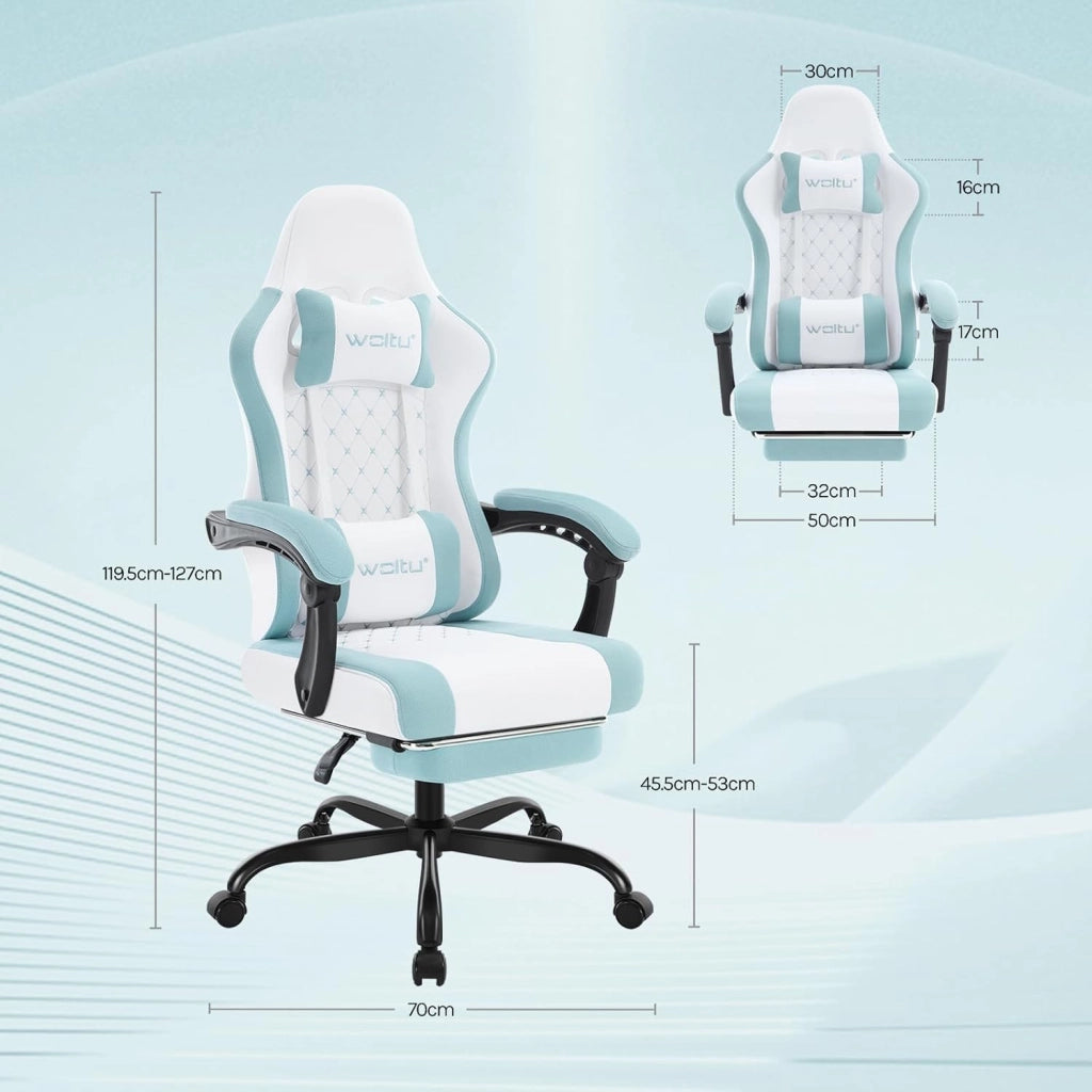 Sedia Gaming con Massaggio, Poltrona Ufficio Ergonomica, Ampia Sedia Girevole Imbottita per Computer con Cuscino Lombare Massaggiante, Carico 150 Kg, Tessuto a rete Bianco+Blu