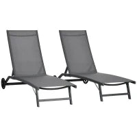 Set di 2 Lettini Prendisole in Alluminio e Textilene con Ruote, Schienale Reclinabile, Carico Max. 150 Kg, Grigio Scuro