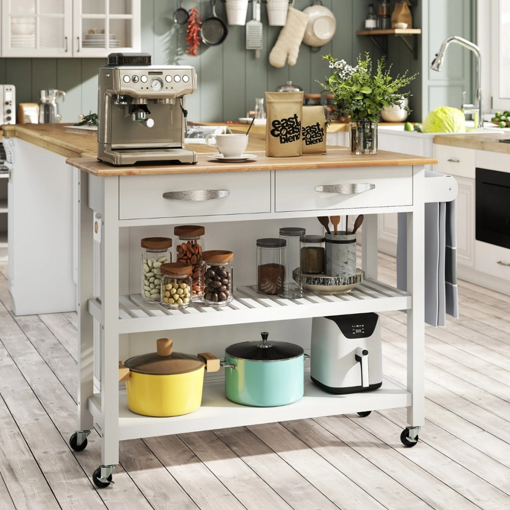 Carrello portautensili a 3 livelli con piano in legno e 2 ripiani aperti-BuffetIsola da cucina con spazio di archiviazione Bianco