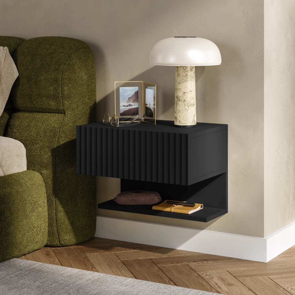 Comodino Sospeso da Parete Nand con Cassetto e Ripiano 42x30x30 cm Nero [en.casa]