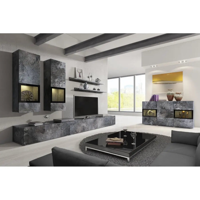 Buffet 130 cm RAMOS – Grigio effetto ardesia e nero – 2 porte vetrate + 3 cassetti – Senza LED