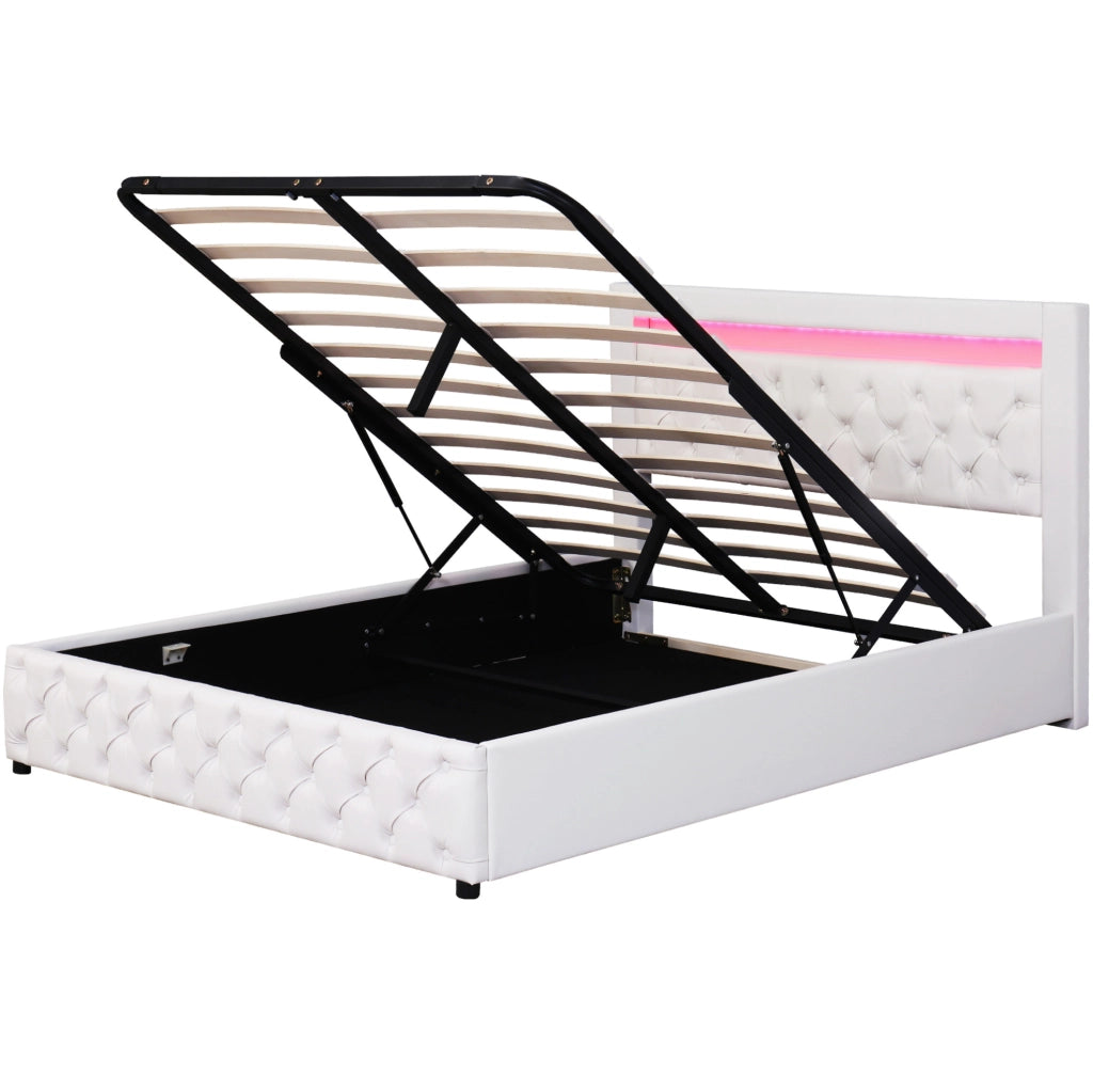 Letto imbottito 140x190 cm con contenitore; rete a doghe; LED; PU bianco