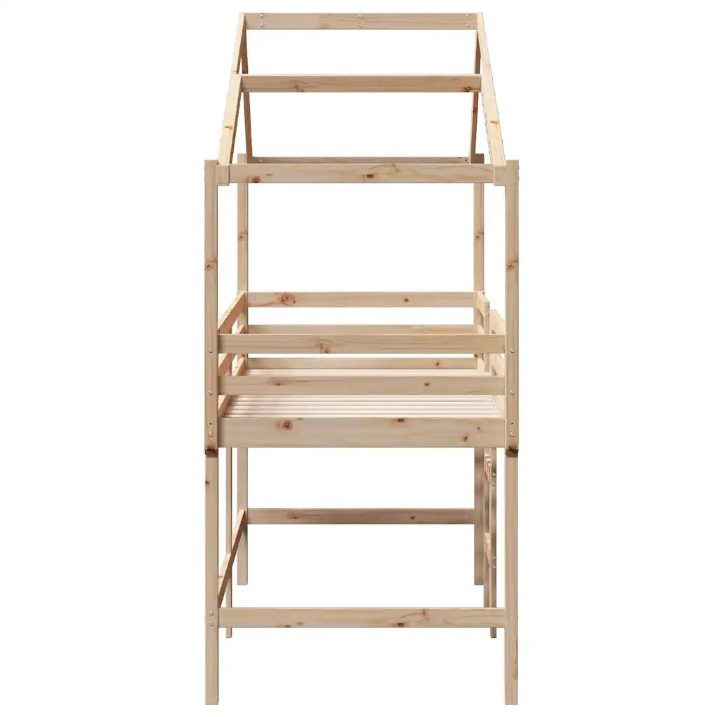 Letto Soppalco con Scala e Tetto 90x190 cm Legno Massello Pino