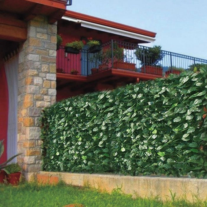Recinzione, separè in pvc con foglie di lauro e rete oscurante verde 300x100cm Fredi