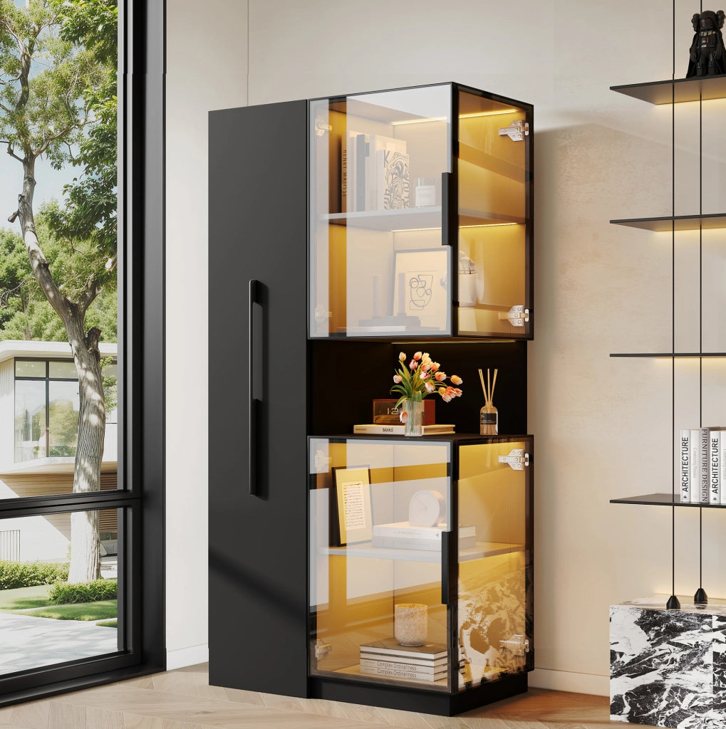 Vetrina alta 70x38x160 cm in MDF e vetro con LED multicolore; nera