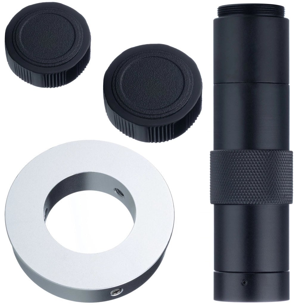 Obiettivo Microscopico C-Mount OptiZoom 1X-150X – Zoom 1:15, Distanza 50-1000mm, Adattatore 30-50mm, Peso 195g
