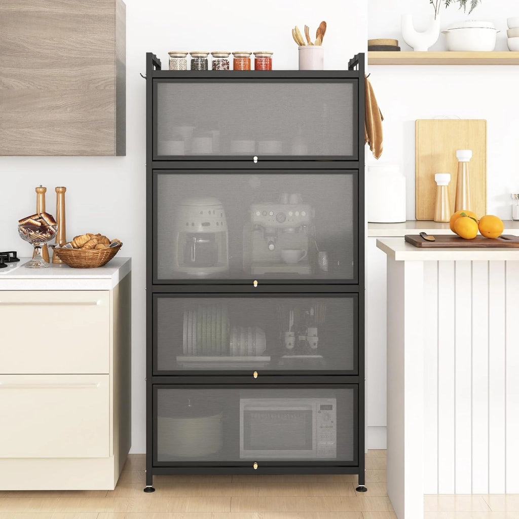 Mobiletto da Cucina a 5 Ripiani su Ruote, Armadio da Cucina con Ante a Ribalta e 4 Ruote Universali, Supporto per Microonde con Kit Anti-Ribaltamento, 80,5x40x162 cm (Nero)