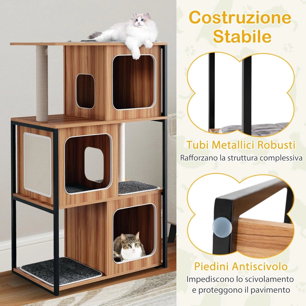 Tiragraffi per Gatti con Struttura in Metallo 75 x 45 x 133cm, Torre Moderno da Interno con Piattaforma Superiore Imbottita, Cuscini Rimovibili e Tiragraffi, Mobile per Animali Domestici