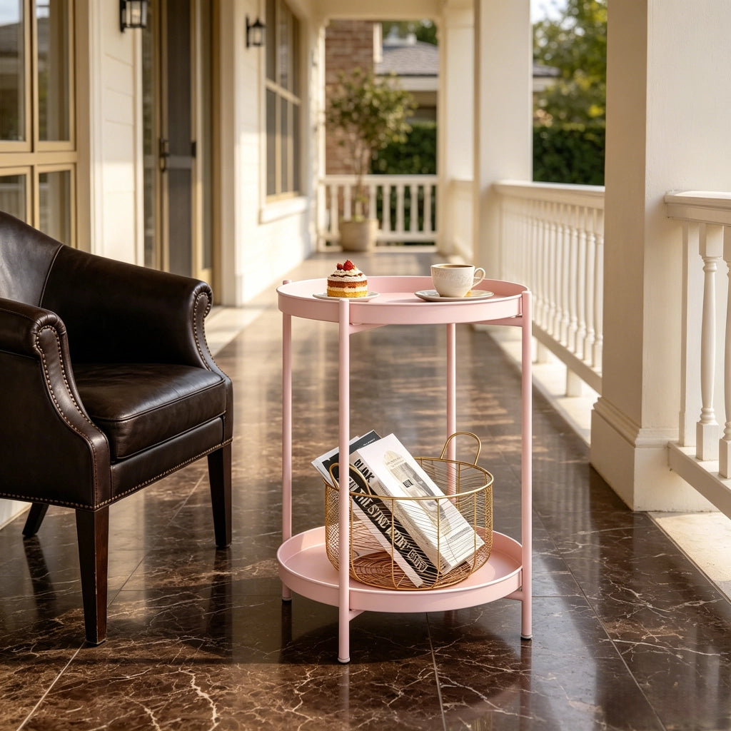 Tavolino basso rotondo con 2 ripiani metallici e vassoi rimovibili, stile moderno, per soggiorno, in metallo, rosa