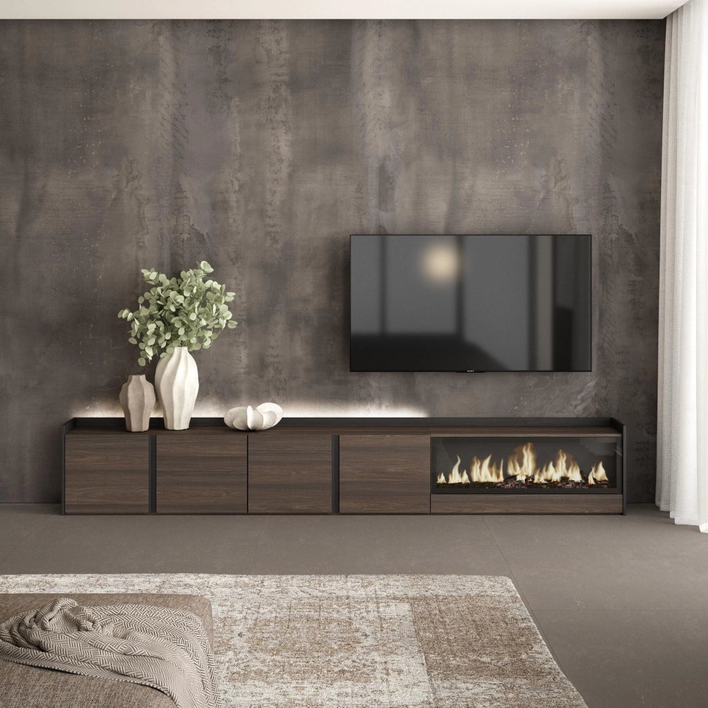 Mobile TV Soggiorno, 315x50x35 cm, Per TV fino a 80", Camino elettrico XXL, LED, Rovere scuro e Nero