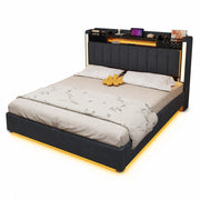 Letto imbottito 140x200 cm con USB e LED; lino; grigio (Senza materasso)