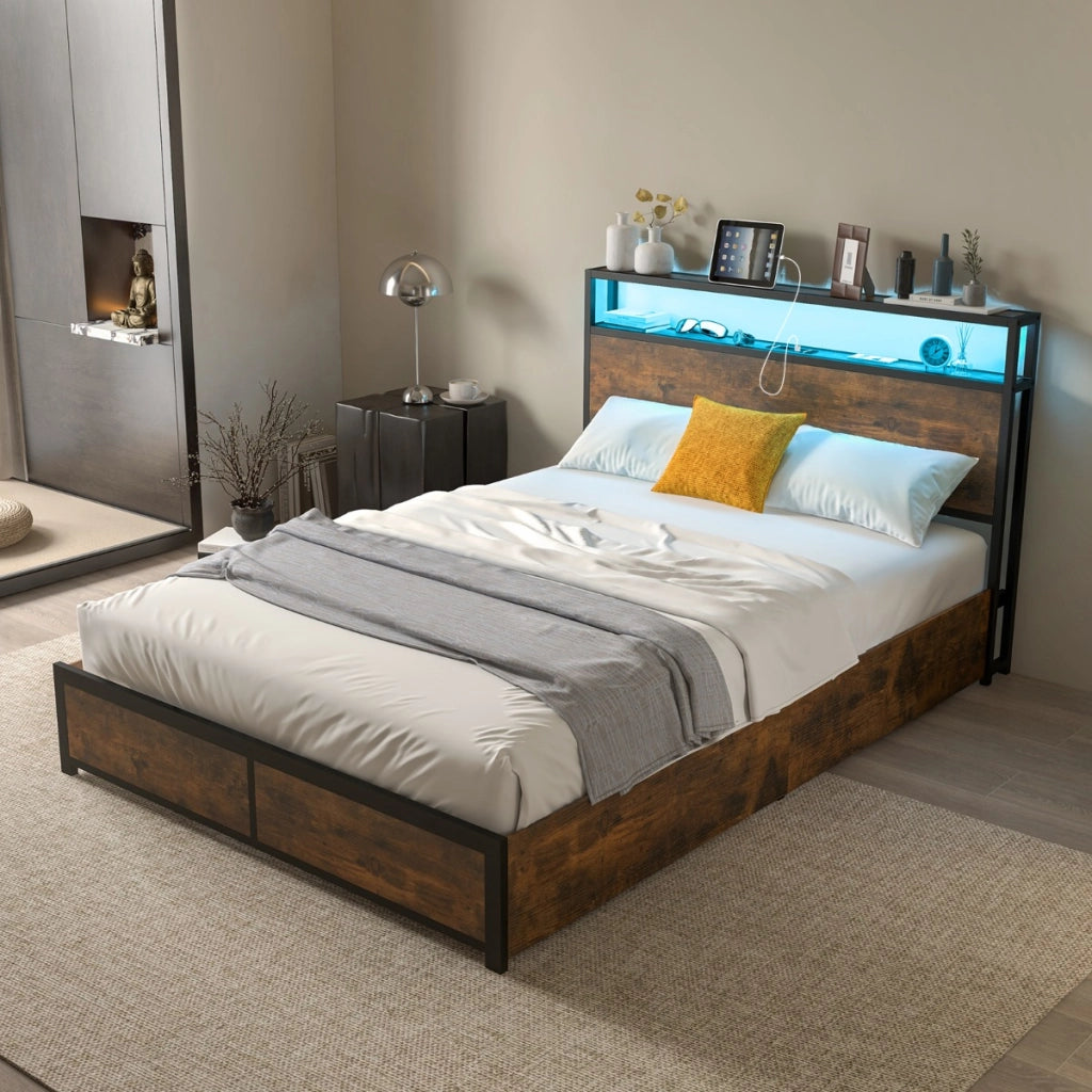 Letto matrimoniale con cassetti e testiera con led e presa multipla, Struttura letto in metallo 216x144x102cm-Letti e strutture