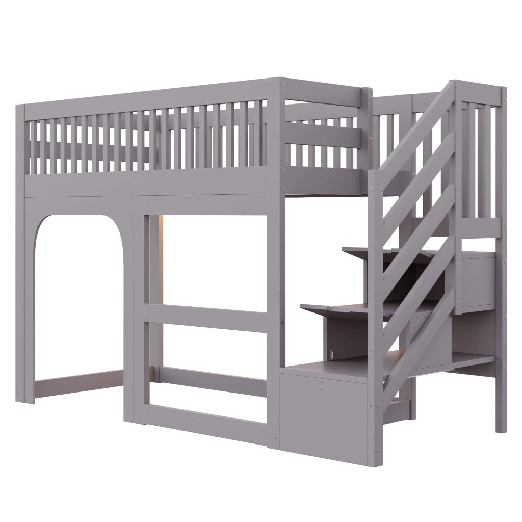 Letto a soppalco singolo 90×200 cm con scala contenitore; LED e sbarre di sicurezza; senza materasso