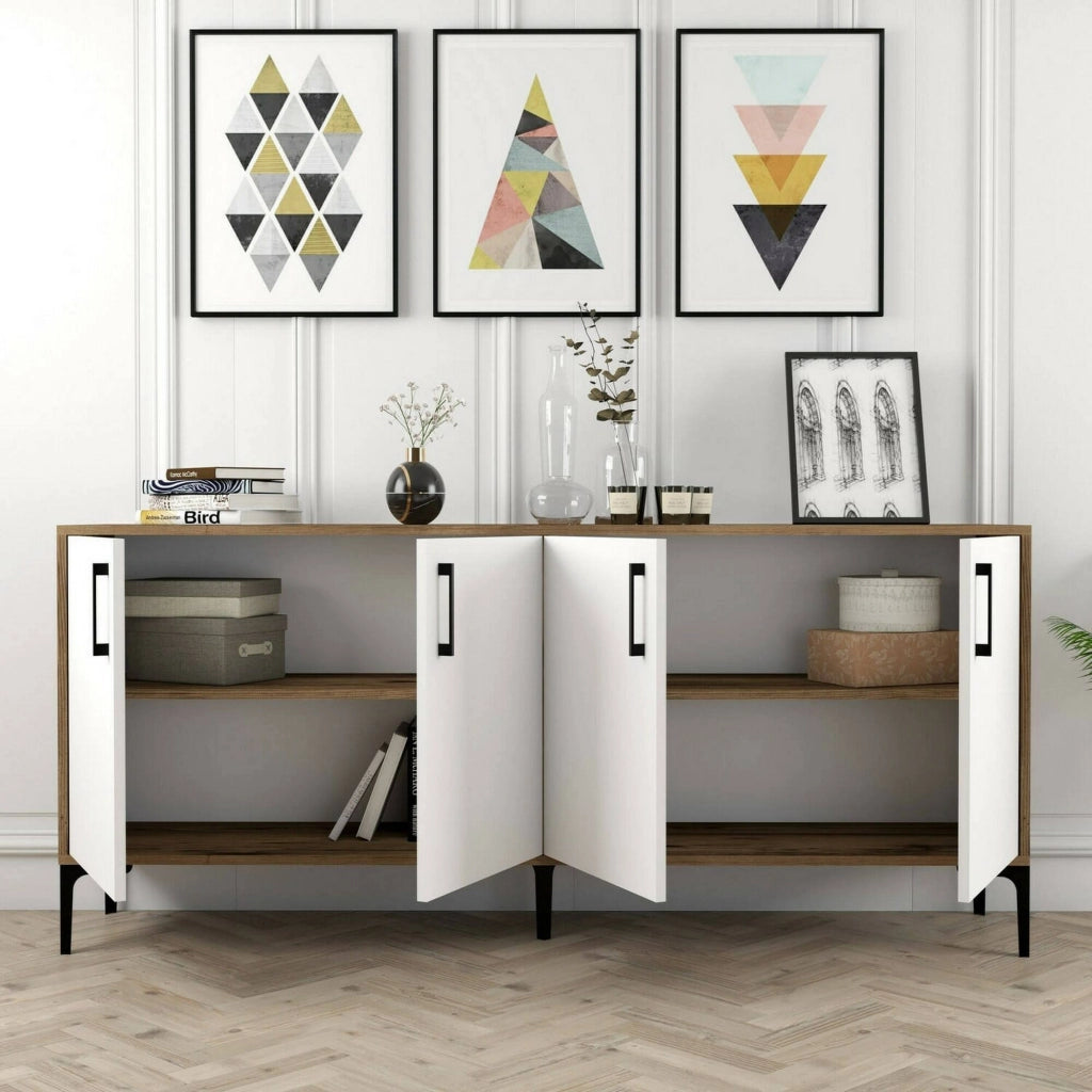Credenza Agape, Buffet da soggiorno, Madia da salotto, Dispensa da cucina, 180x35h78 cm, Noce e Bianco