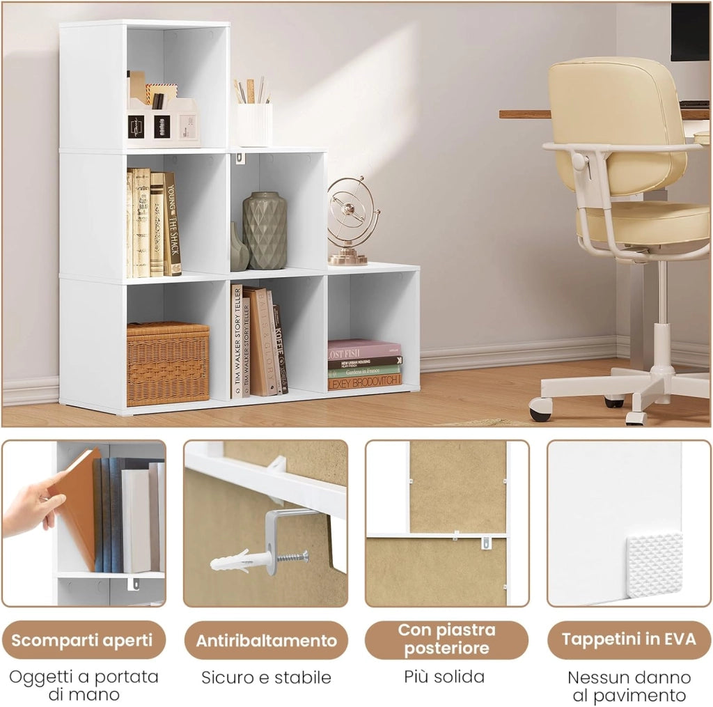 Libreria con 6 Cubi, Scaffale con Scomparti Aperti per Libri, Decorazioni, Piante, Legno Ingegnerizzato Bianco, Camera da Letto, Soggiorno, Ufficio, 90x30x90cm, SK061ws