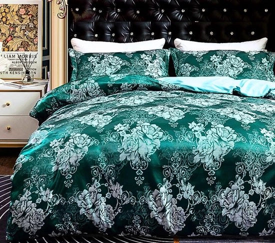 Set di lenzuola da letto, 135 x 200 cm, verde, jacquard, copriletto, 2 pezzi, fiori barocchi, motivo vintage, microfibra, letto da letto lussuoso con chiusura a zip e ombrage reversibile