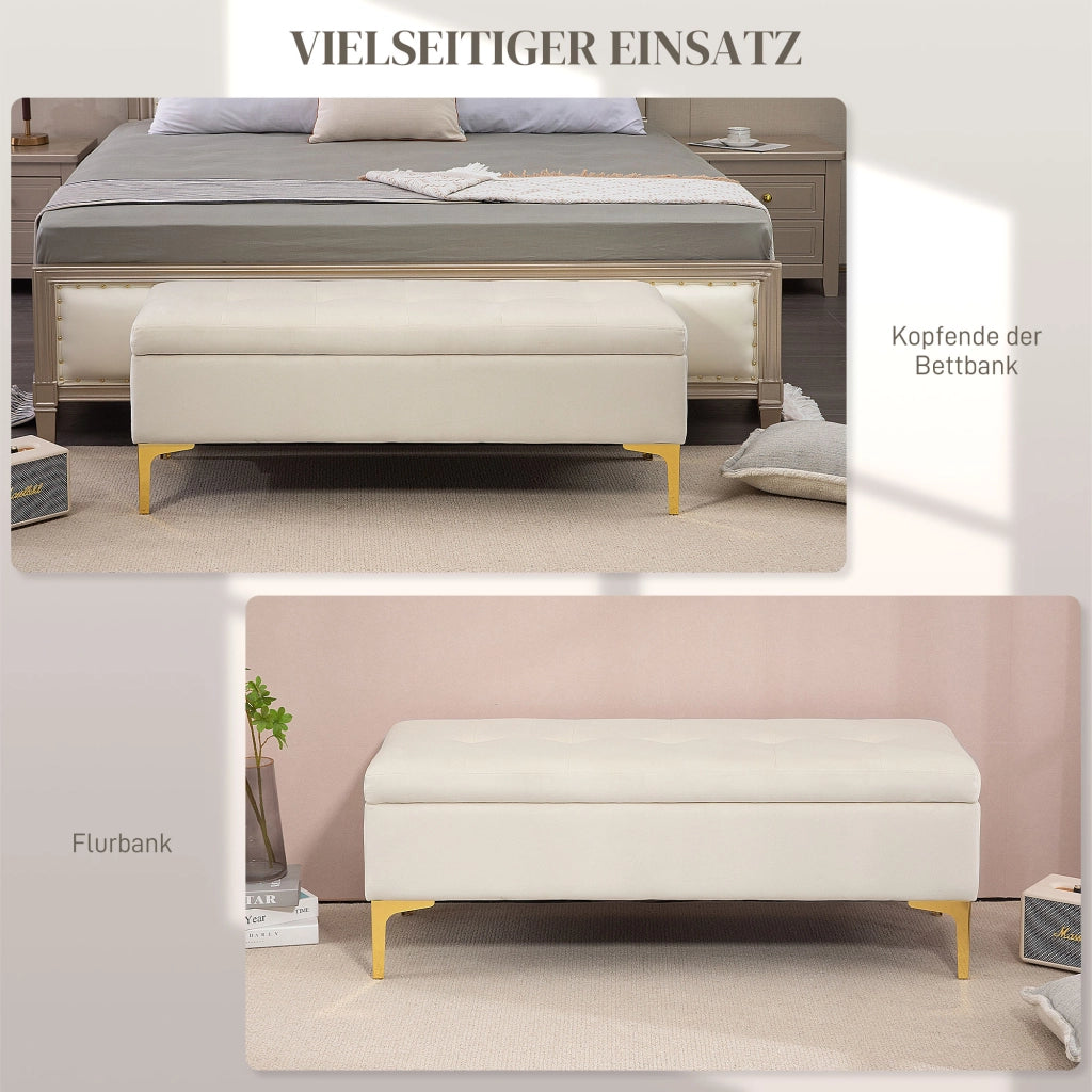 Panca contenitore imbottita con vano nascosto e gambe in metallo dorato, in poliestere beige 120 × 44 × 44,5 cm