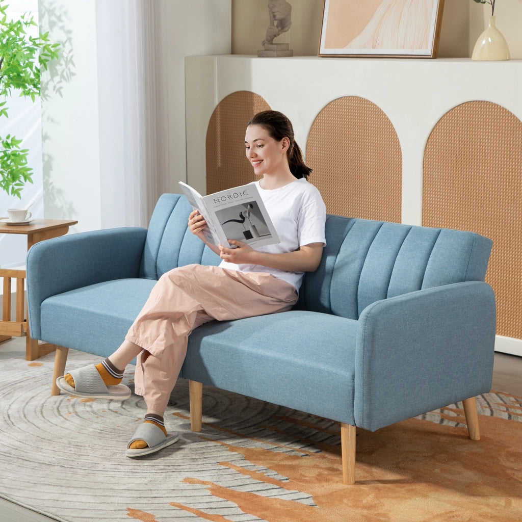Divano Letto 2 Posti Imbottito in Tessuto con Schienale Regolabile e Braccioli Amovibili ¨C zephmum ¨C 173x75x73 Blu
