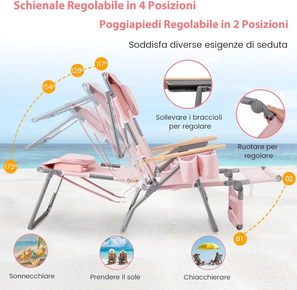 Sedia da Spiaggia Pieghevole, con Foro per il Viso, Schienale Regolabile a 4 Livelli, Poggiapiedi Regolabile, Lettino Prendisole per Spiaggia, Campeggio, Piscina, Portata 150 kg (Rosa)