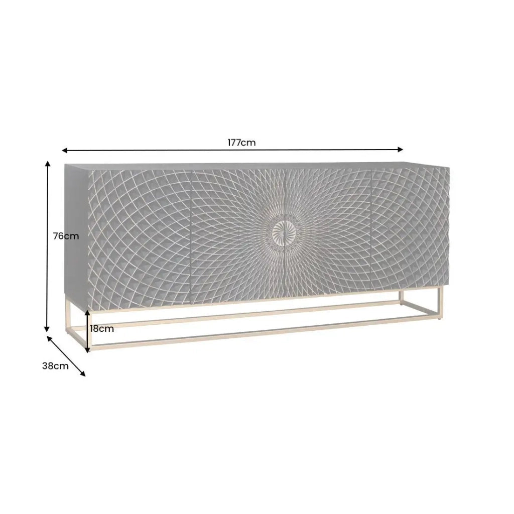 Buffet KOSMOS 180 cm – Legno massiccio nero scolpito 3D – Piedi in metallo dorato