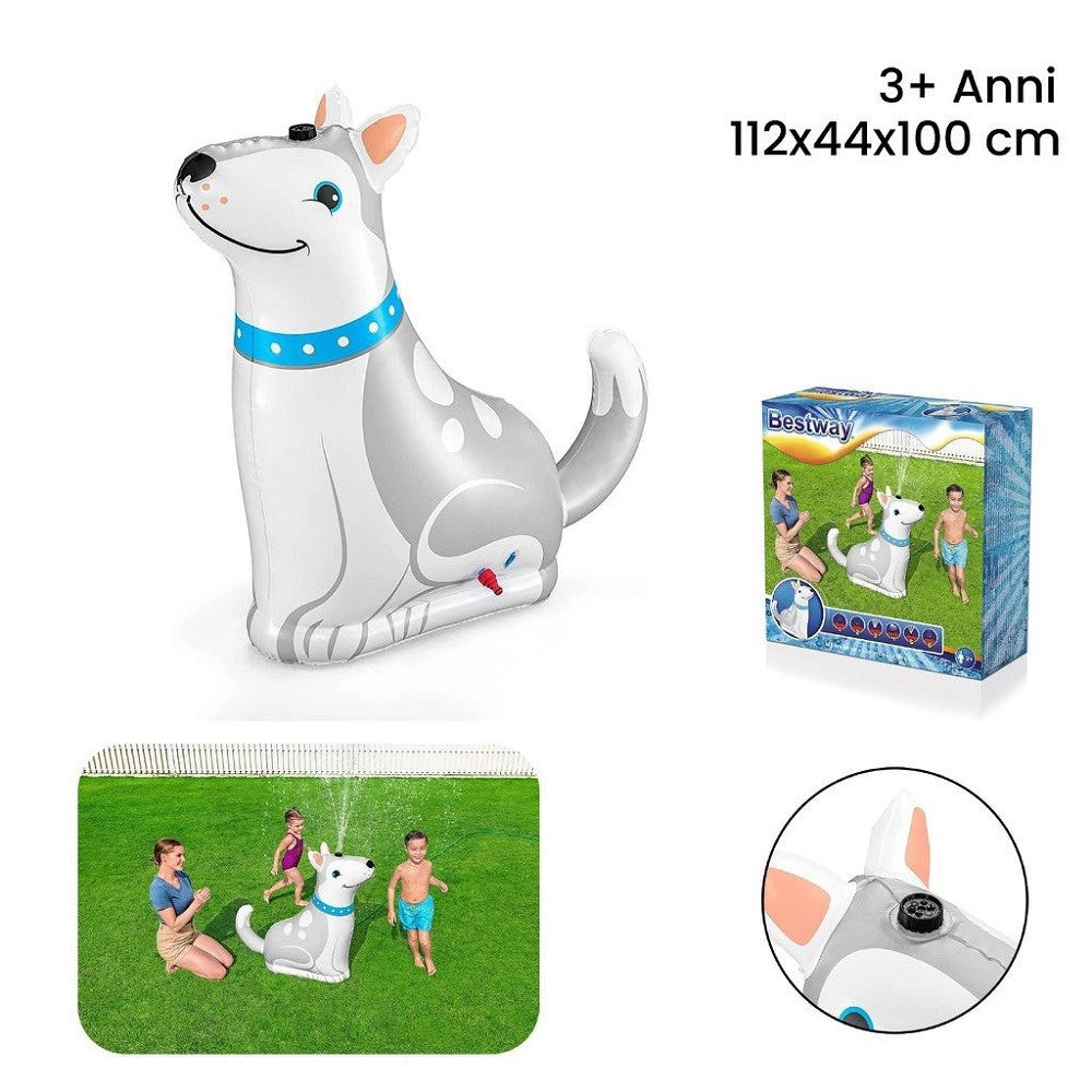 Trade Shop - Cane Spruzza Acqua Irrigatore Gioco Gonfiabile Happy Husky 112x44x100 Cm 52570 -
