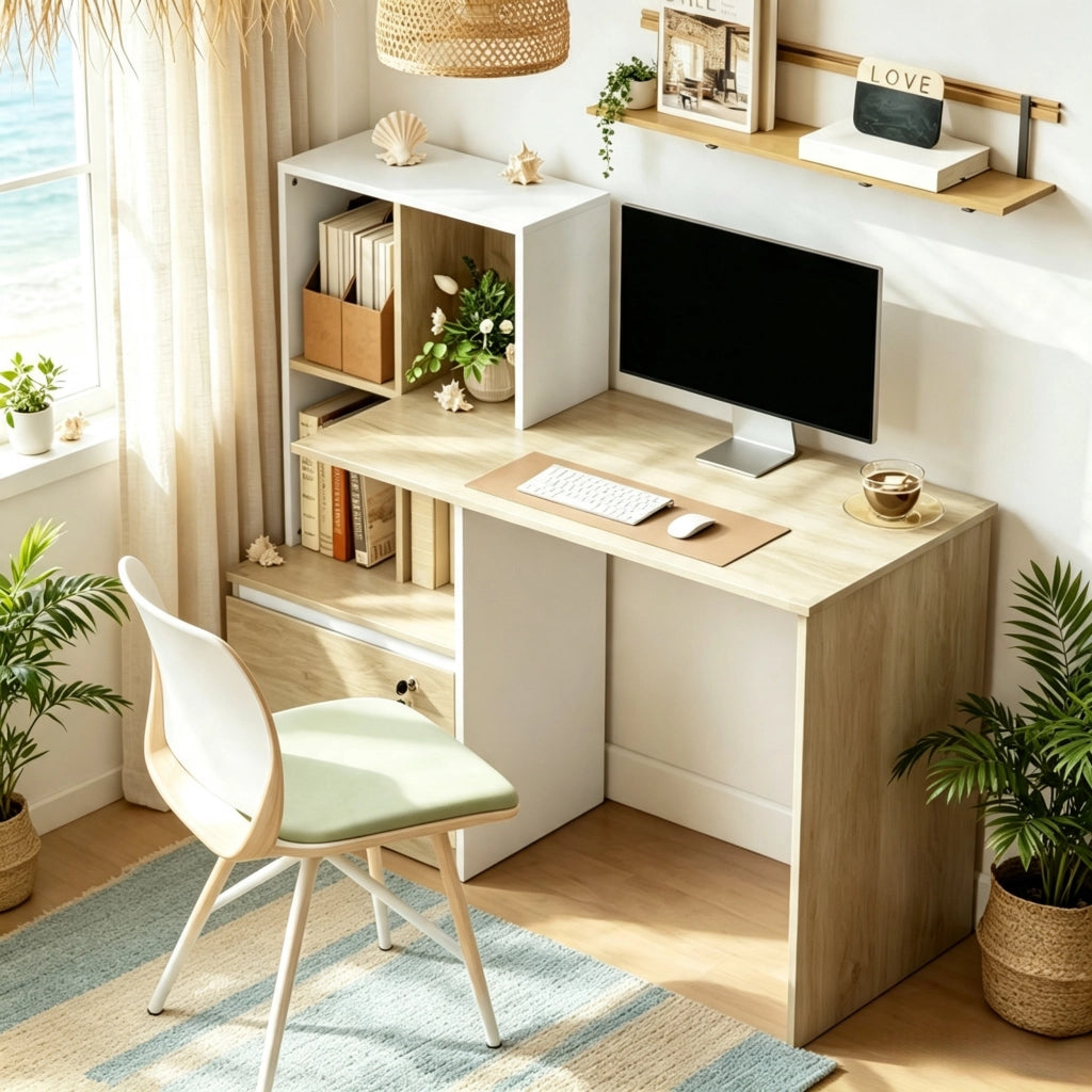 SCRIVANIA COMPUTER 126x50x109 cm con 4 vani e cassetto chiudibile Bianco e Rovere chiaro
