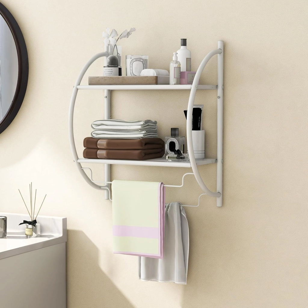 Porta Asciugamani Bagno da Parete, Mensola Bagno Doccia, Montaggio a Parete, con 2 Ripiani e 2 Portasciugamani, per Asciugamani, Antiruggine，45x25,5x55 cm (Bianco)
