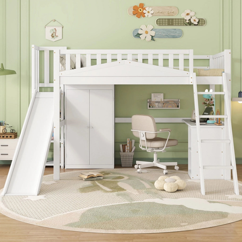 OKWISH Letto a Castello 90×200 cm, Letto Singolo con Scivolo, Scrivania, Armadio, Mensole e Scala, senza Materasso, Bianco