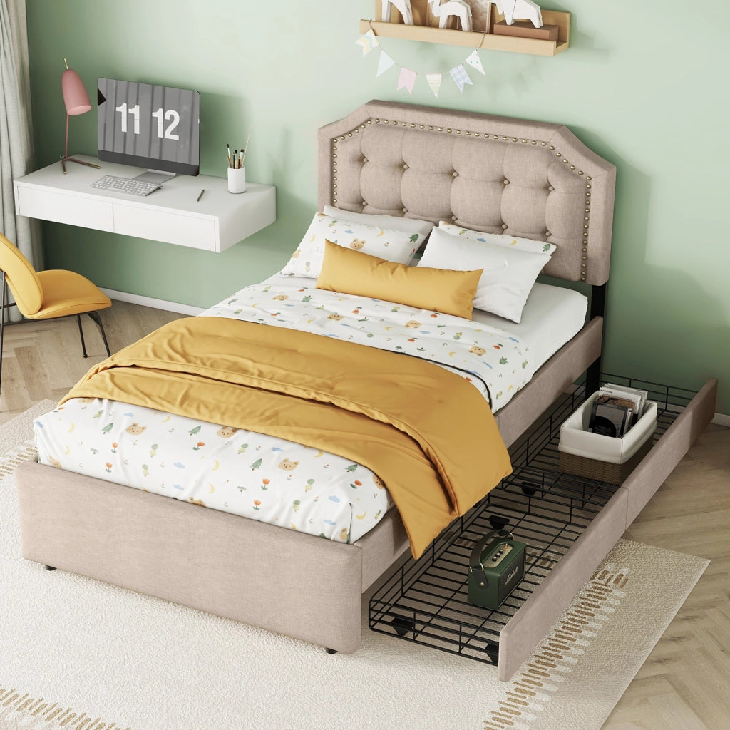 OKWISH Letto Singolo 90×200 cm con 2 Cassetti, Testiera Regolabile e Borchie Decorative, senza Materasso, in MDF, Beige