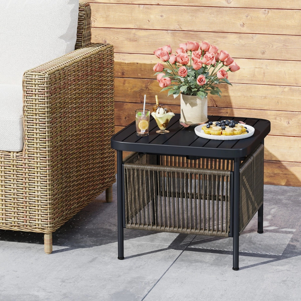 Tavolino da patio a 2 livelli in metallo con ripiano da bistr¨° per veranda, Tavolino da esterno per ombrellone da 4 cm Nero-Tavoli da esterno