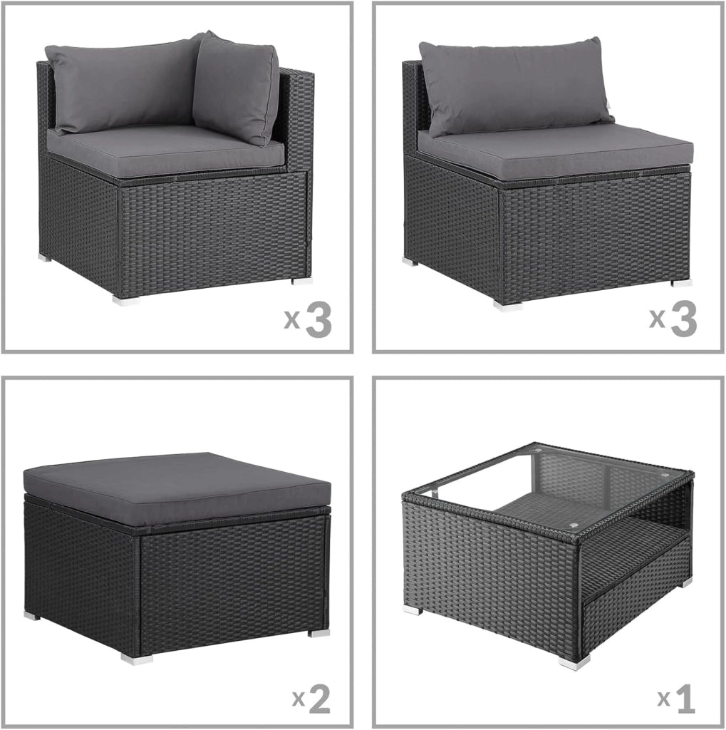 Set Salotto in Polyrattan XL Cuscini Imbottiti Tavolo in Vetro Resistente Mobili da Giardino Salottino Angolo