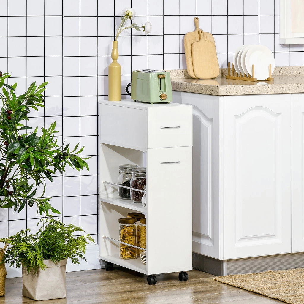 CARRELLO DA CUCINA CON 2 RIPIANI APERTI E CASSETTO ESTRAIBILE 25X50X85 CM BIANCO