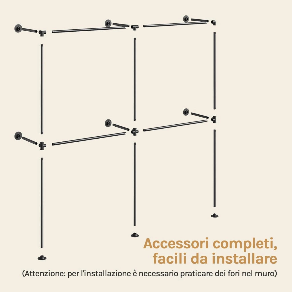 Appendiabiti da Parete, Appendiabiti da Muro per Vestiti, Appendi Abiti Industriale a Tubo con 4 Barre per Appendere Indumenti, Metallo, Nero, 193x36,5x187 cm
