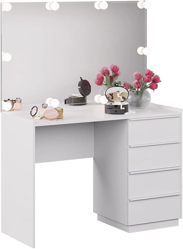 Tavolo da toeletta Viktoria, Bianco, 110 cm con specchio e illuminazione a LED, porta un tocco moderno all’ambiente