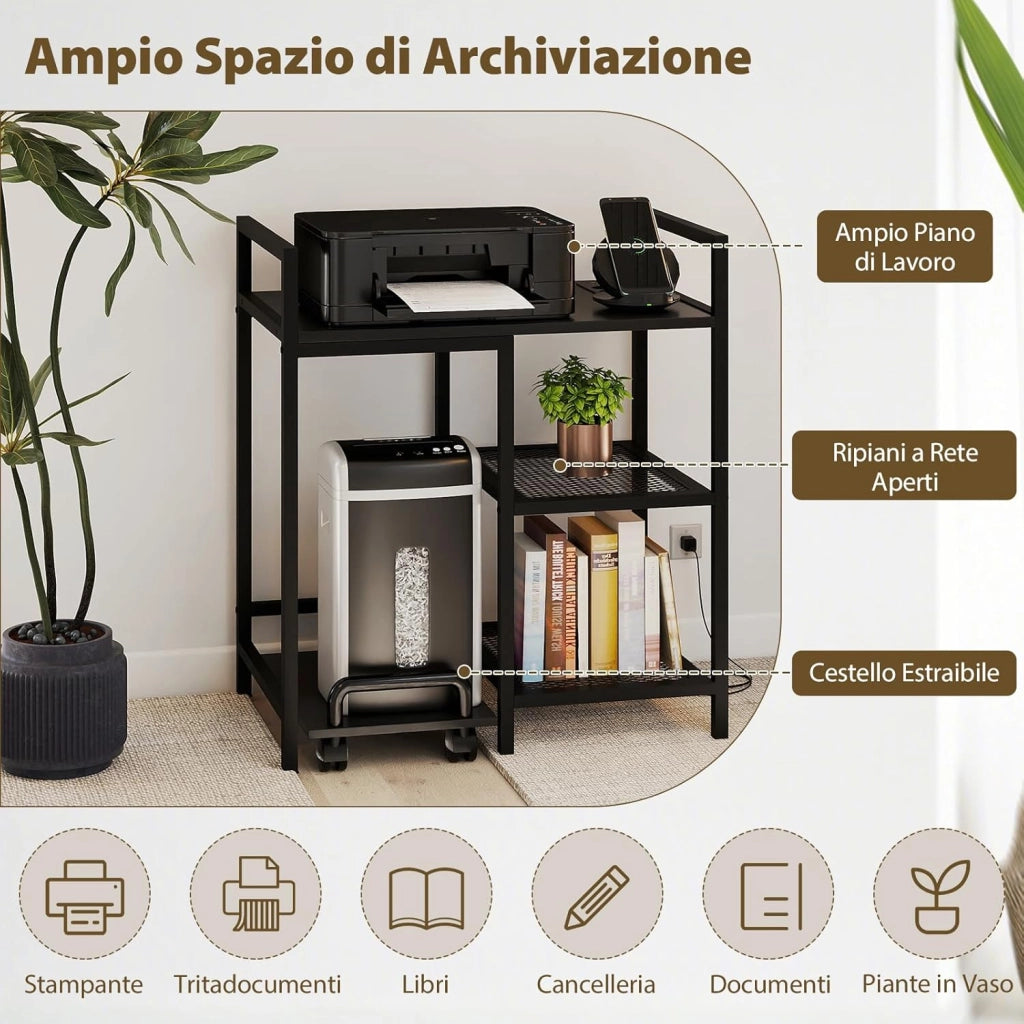 Supporto per Stampante con Stazione di Ricarica, Tavolino per Stampante a 3 Ripiani con Scaffali Portaoggetti, Supporto Mobile con Ruote Blocccabili per Studio e Ufficio (Nero)
