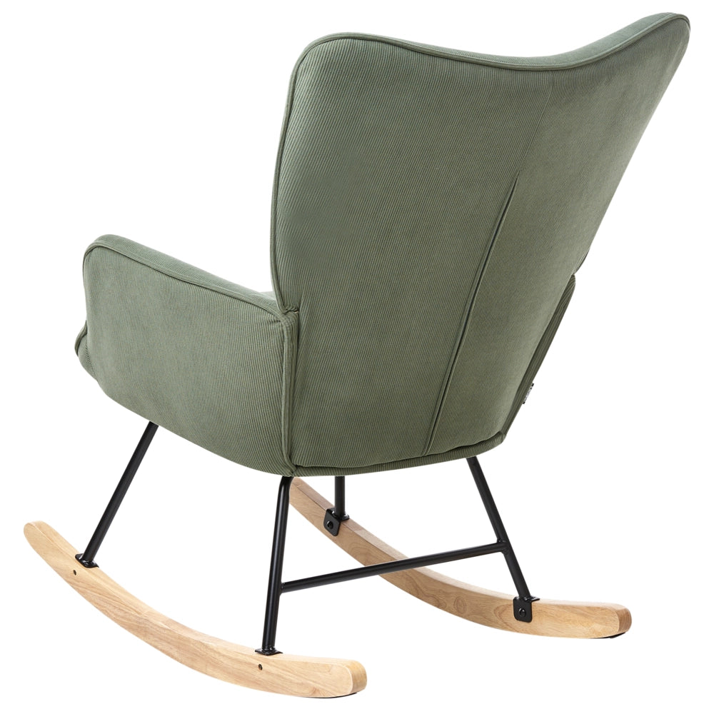 Poltrona a dondolo Verde Jumbo Corda Tappezzeria Metallo Gambe nere Confortevole Ampio schienale e braccioli Soggiorno Camera da letto