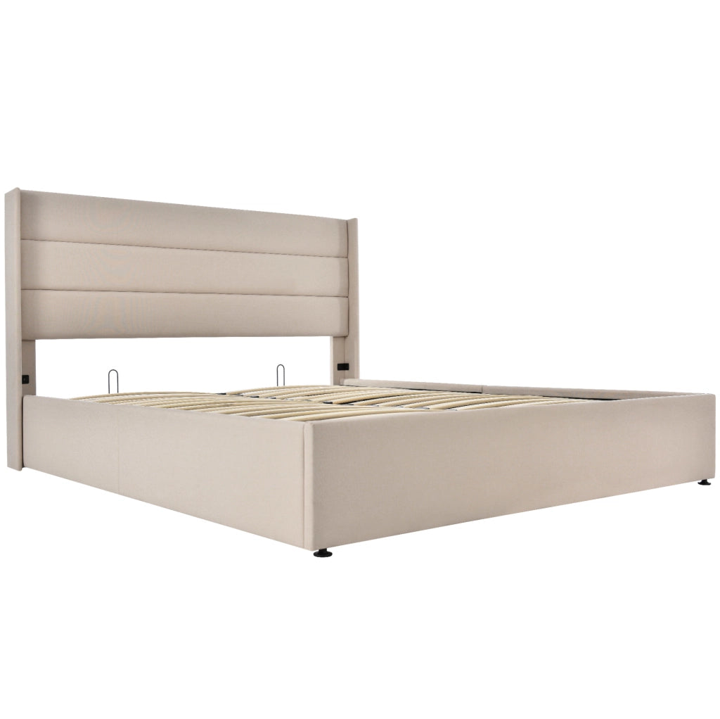 Letto matrimoniale contenitore 140x200 cm in lino beige con rete sollevabile e testiera imbottita