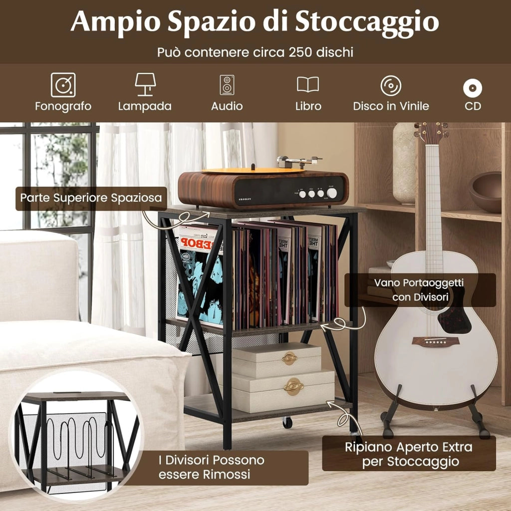 Supporto per Giradischi, Supporto per Giradischi in Vinile con Presa di Corrente e Porta USB, Ruote Bloccabili, 3 Livelli, per Soggiorno, Camera da Letto, 52 x 45 x 75 cm (Grigio)