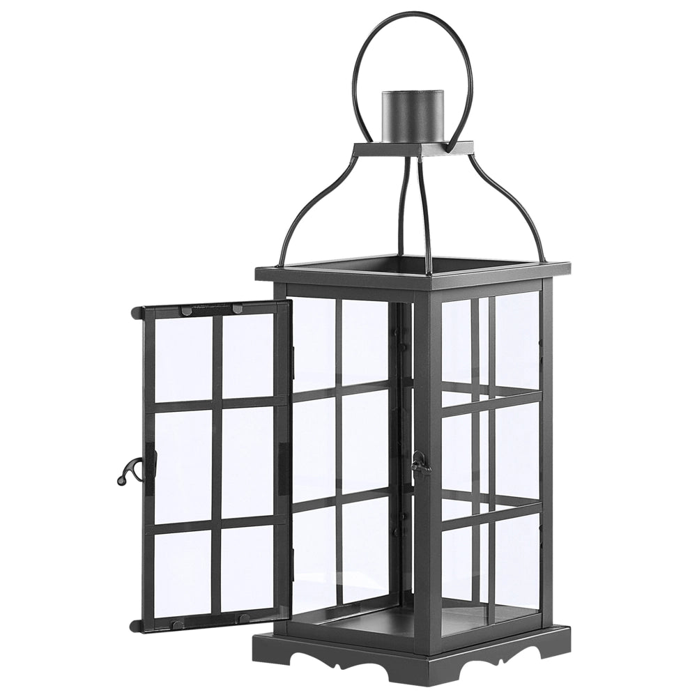 Lanterna in metallo ferro Nero 42 cm portacandele a colonna porte in vetro elemento decorativo per interni