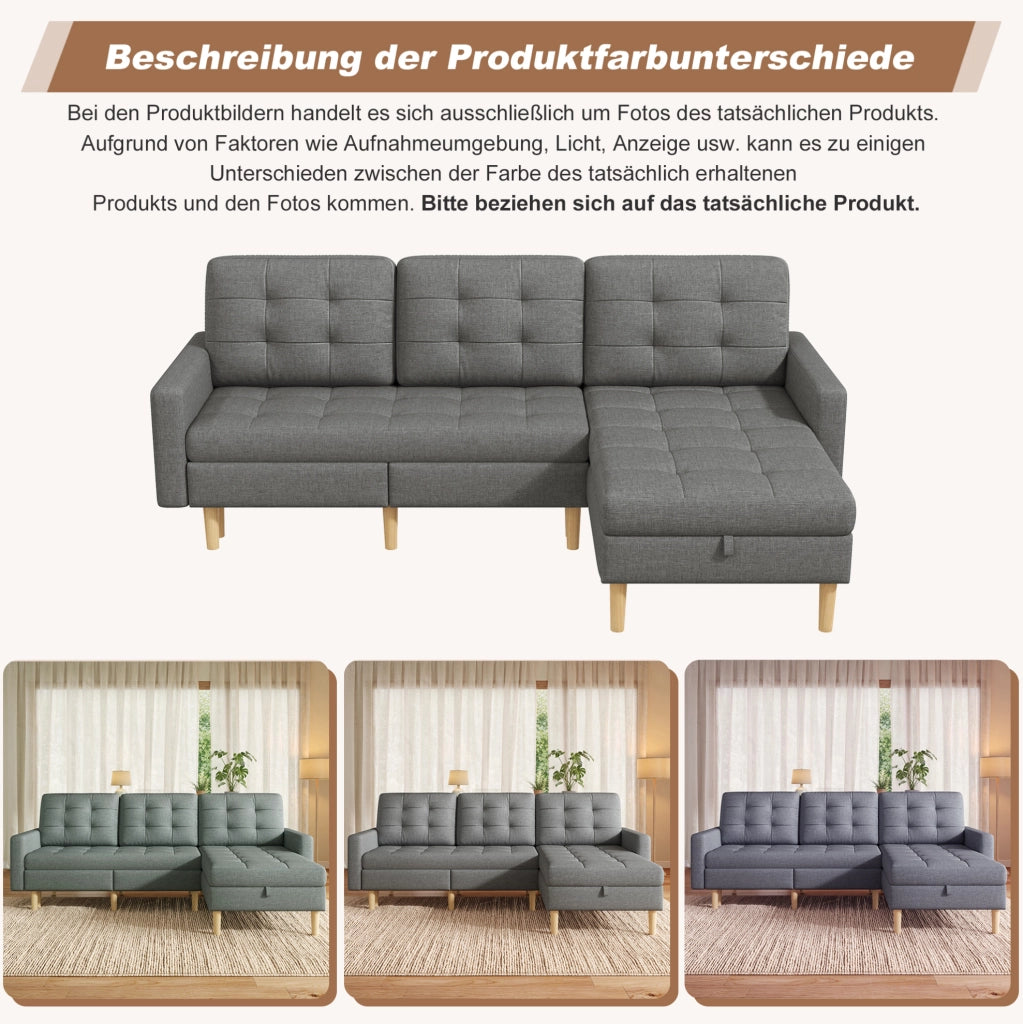 Divano angolare a L con contenitore e chaise longue reversibile, grigio