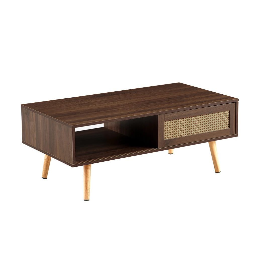 Tavolino da caffè in MDF con anta scorrevole in rattan; 105 x 55 x 40 cm; marrone