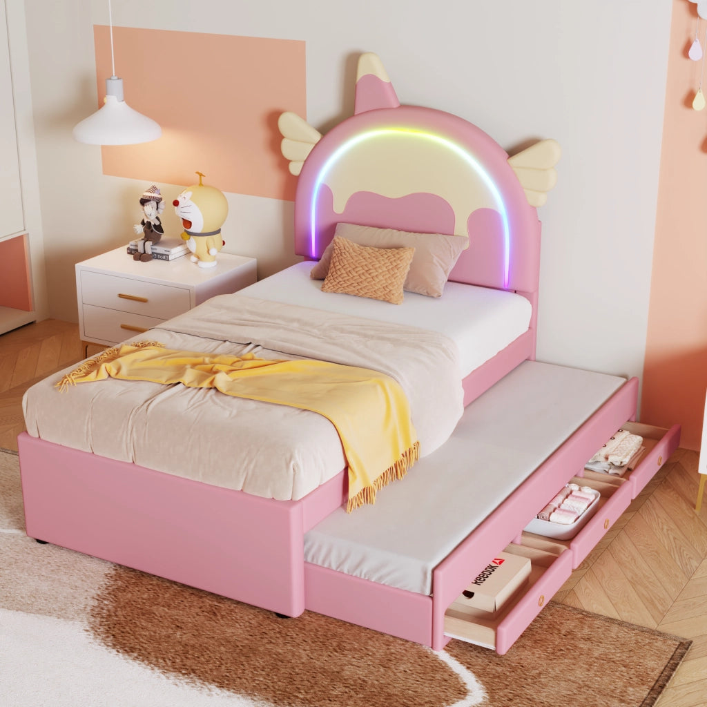 LETTO per bambini 90x200 cm a forma di unicorno con letto estraibile Rosa