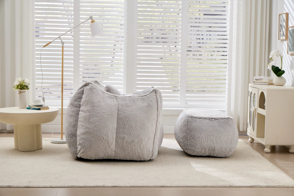 Pouf poltrona ergonomico con poggiapiedi e imbottitura in schiuma, per soggiorno, in pelliccia sintetica grigio