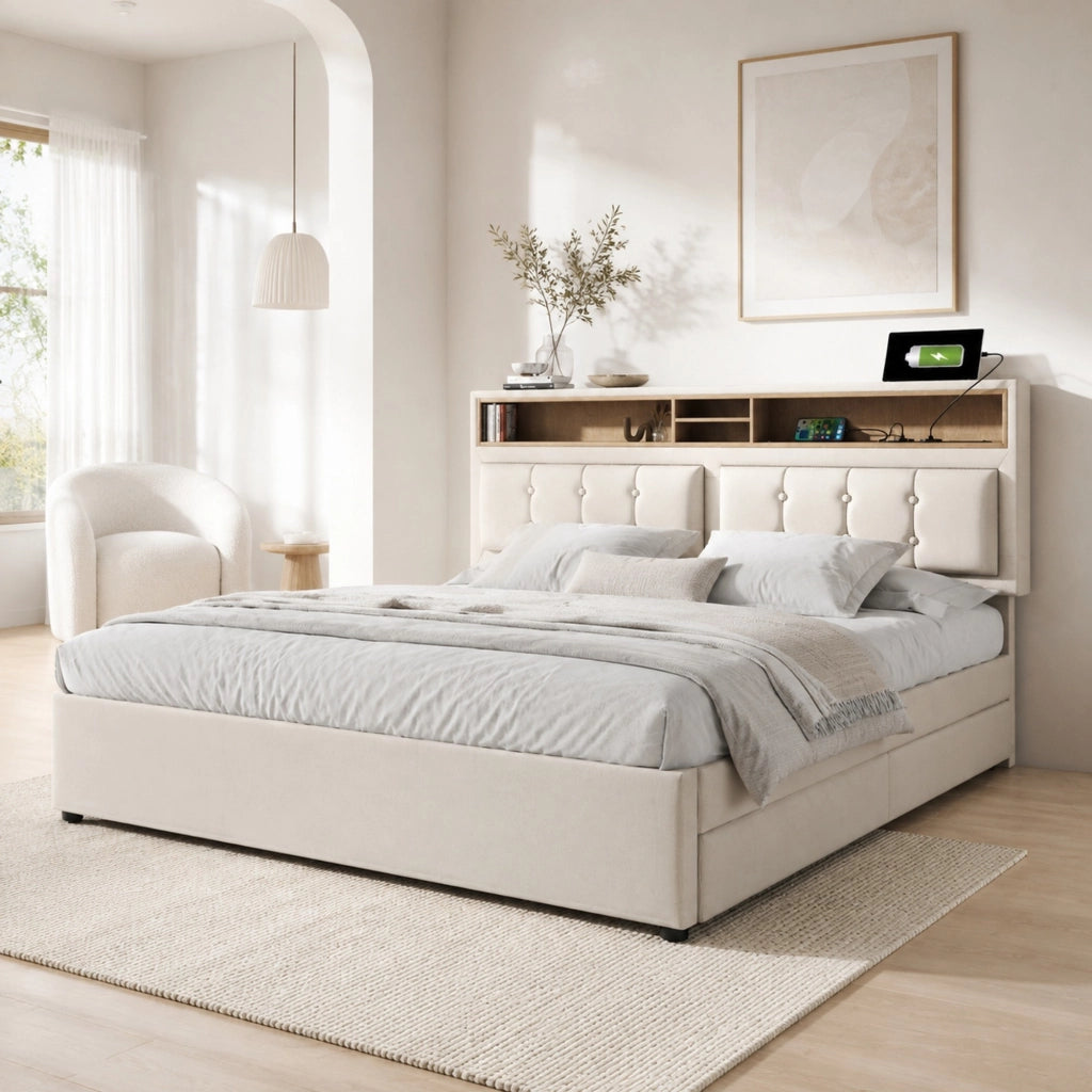 Letto matrimoniale imbottito 140x200 cm con 4 cassetti, testiera regolabile e prese USB/Type C, senza materasso