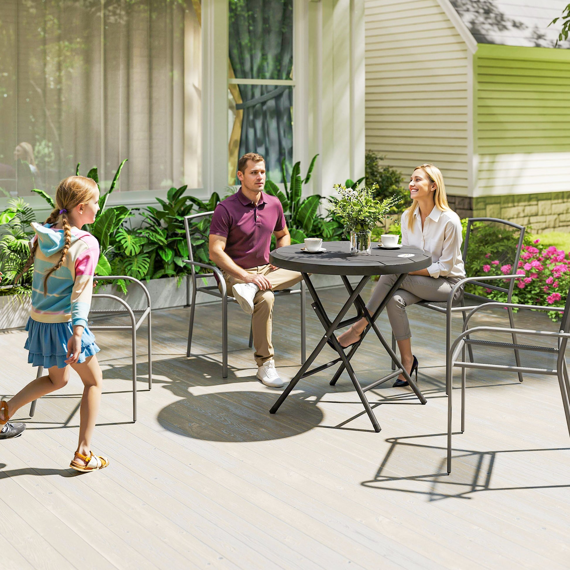 Tavolo da Giardino Ø80x73 cm Rotondo Pieghevole per 4 Persone in Alluminio e Plastica HDPE Grigio
