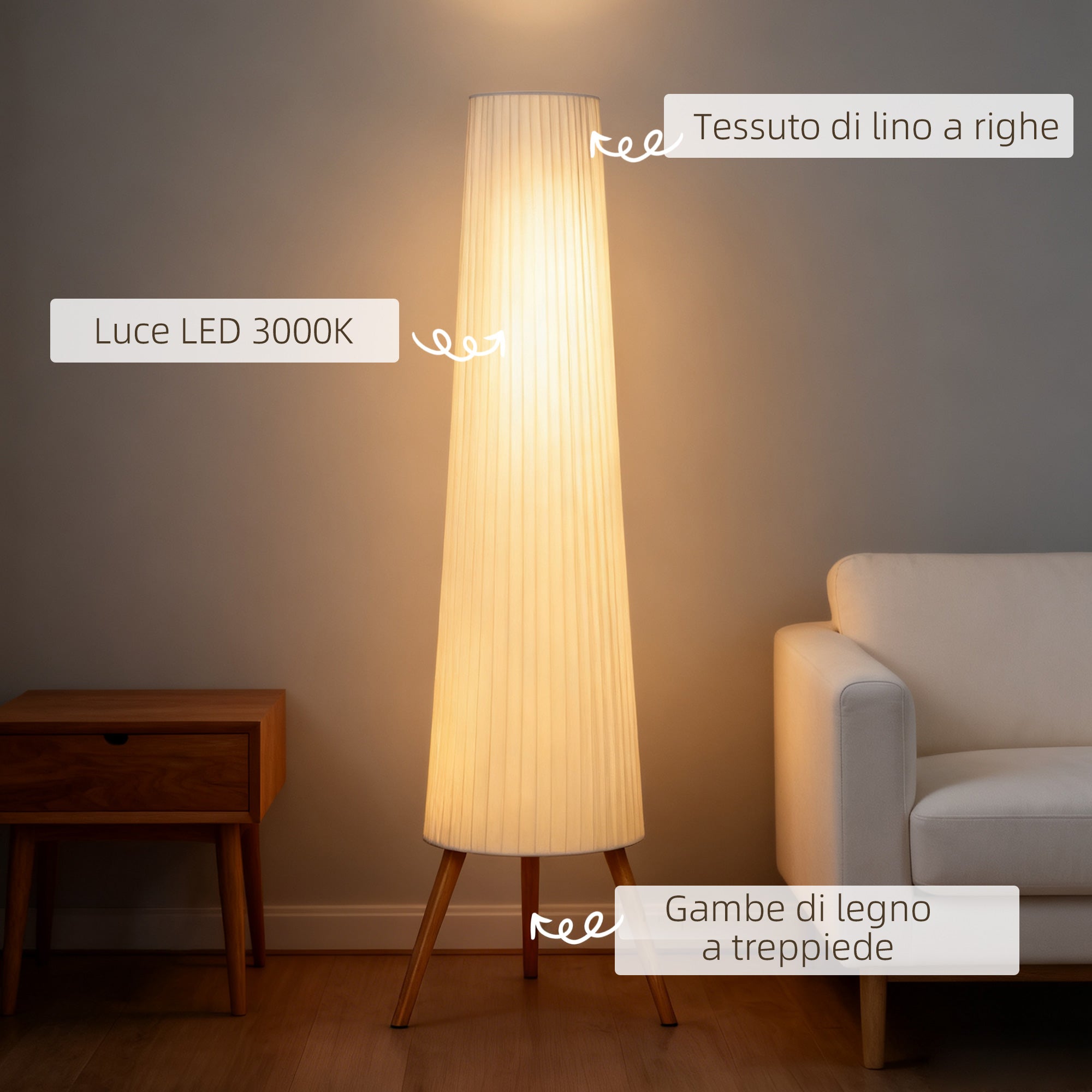 Lampada da Terra Treppiede 46x46x153 cm con Interruttore a Pedale e Luminosità Regolabile Bianco