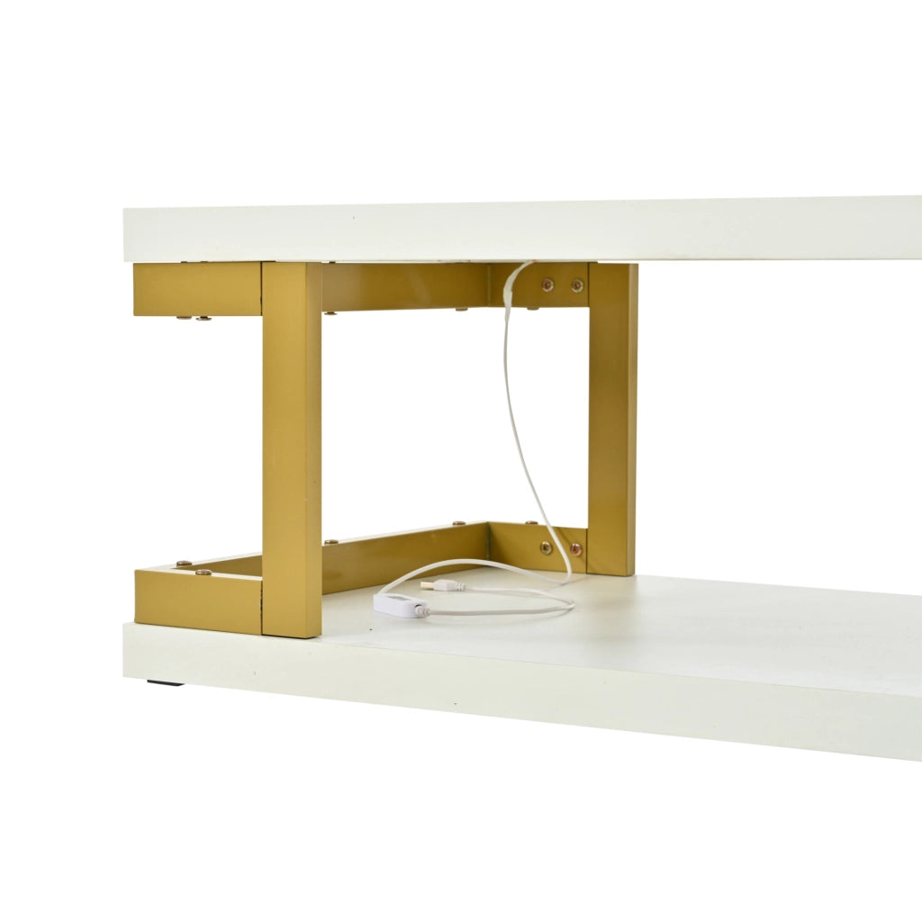 Tavolino da caff¨¨ 100x50 cm con LED RGB e ripiano in MDF bianco e metallo dorato